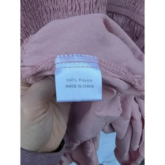 Merokeety Women's‎ Pink Smocked Dress Sz M Balloon Sleeve Tiered Pink feminine - Picture 5 of 5